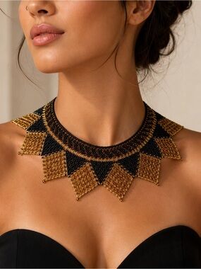 Handcrafted Black and Gold Beaded Statement Necklace
